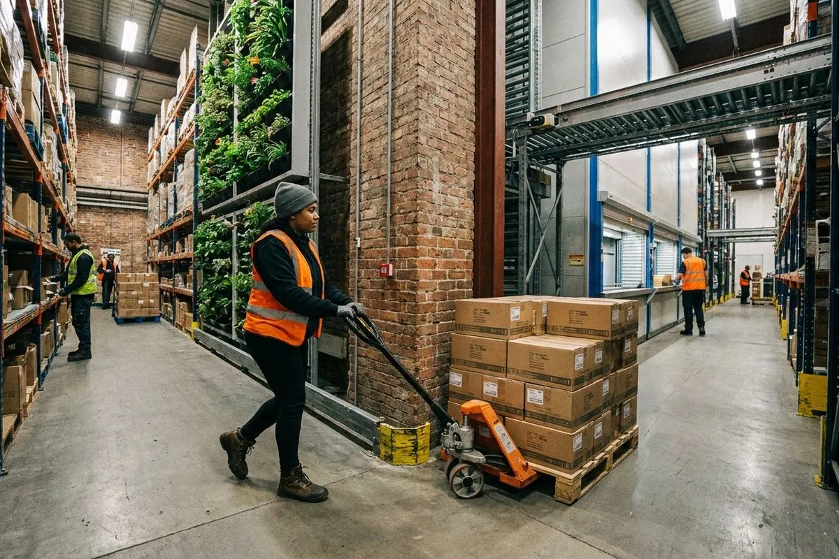 Opérateur déplaçant une palette de cartons au transpalette manuel entre les rayonnages.