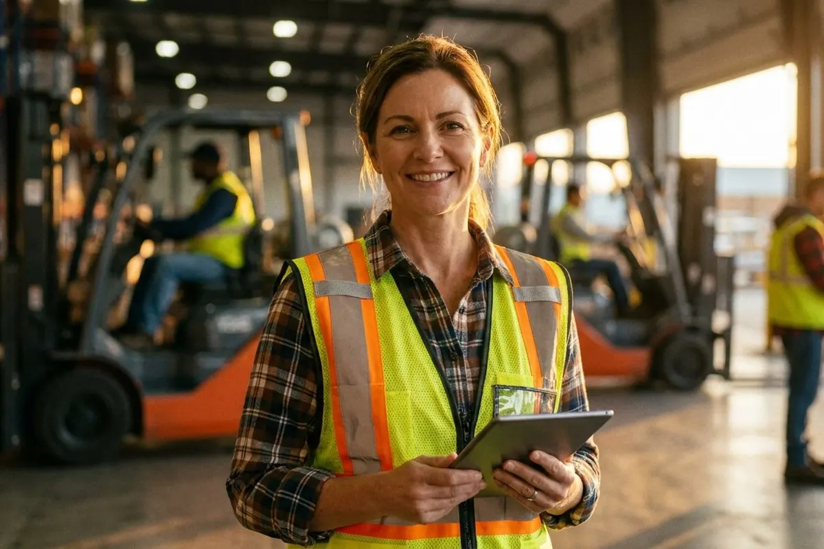 Responsable logistique en gilet de sécurité, tablette à la main, dans une allée d'entrepôt en activité.