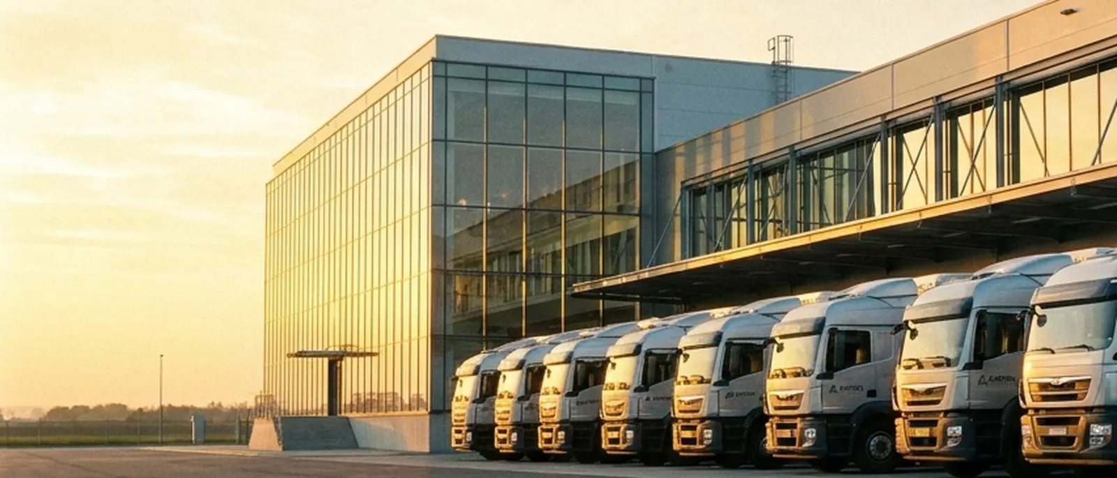 Files de camions de transport à quai devant un centre logistique, en fin de journée.